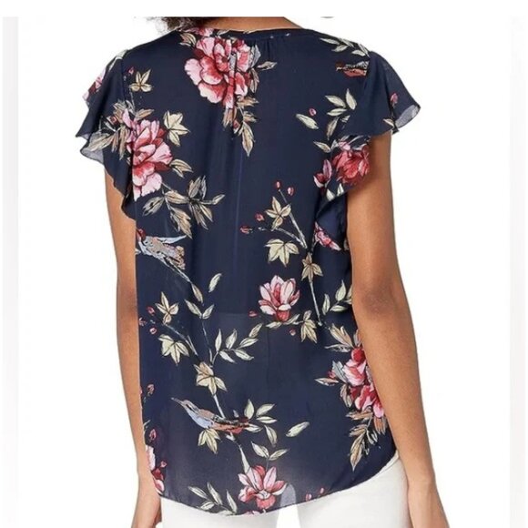 Joie Women's Navy Floral CRISBELL Silk Flutter Sleeve Blouse, Size Medium - Picture 6 of 9